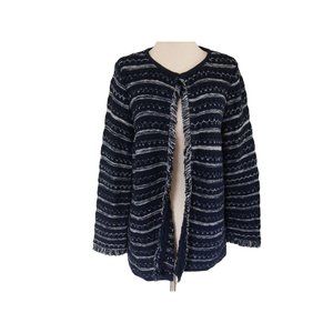 Chicos Womens Cardigan Sweater 0/S Navy Blue White Striped Fringe Open Knit